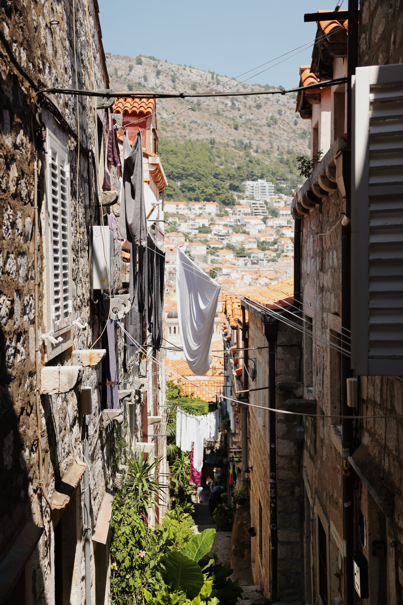 Laundry strung across a stepped alley in Dubrovnik's Old Town