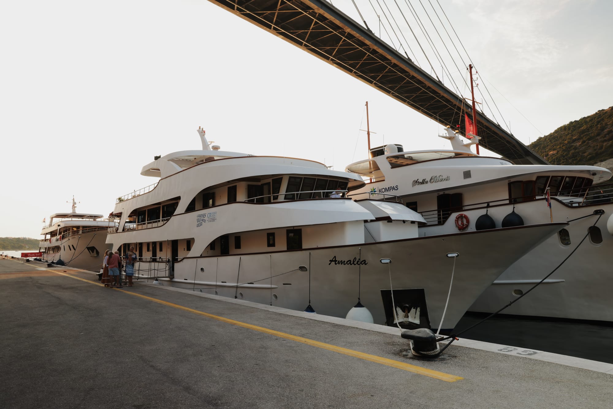 The Amalia moored at the Dubrovnik cruise port beneath the bridge